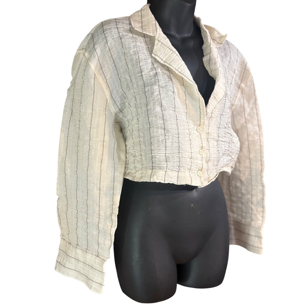 Zara women's cream striped crinkled blazer shirt top cropped medium